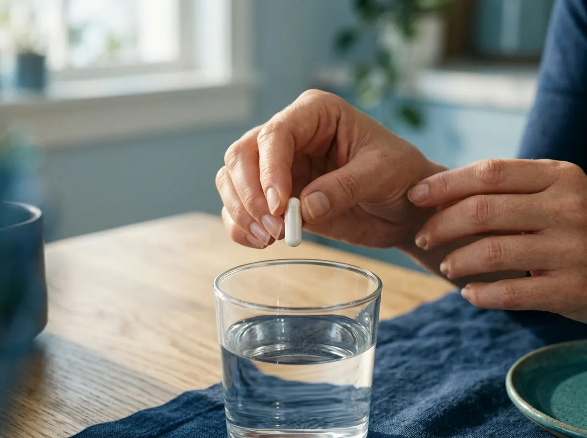 Hands holding a supplement capsule with a glass of water - simple daily wellness routine for men over 50